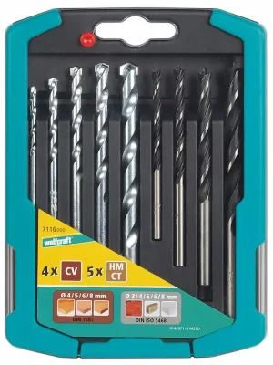 Aktion | Wolfcraft Bohrer-Set Stein-Holz Ø 3, 4, 5, 6, 8 mm 9-teilig Rundschaft
