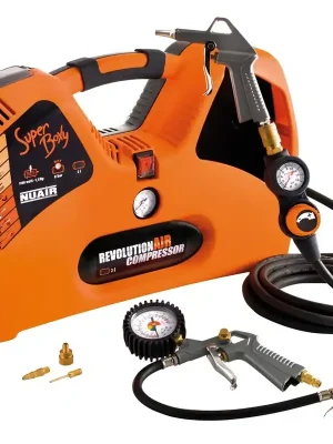 Direkt ab Werk - Kompressor, 2 Liter, ölfrei, tragbar, leicht, 1.5 PS, 1100 W, 8 bar, 195 l/min Luftstrom, mit Druckluftpistole, Manometer, 3 Düsen und 5 m Luftschlauch