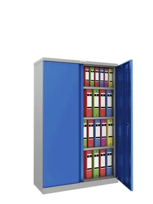 Profi-Qualität - Aufbewahrungsschrank SCL-Serie aus Stahl mit 2 Türen und 3 Regalen mit Schlüsselschloss, grau-blau