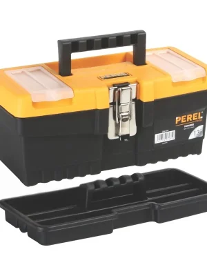 Werkzeugkasten 6,8 L kompakte Aufbewahrungsbox für Werkzeug mit herausnehmbarer Schale, 2 Deckelorganisatoren, Metallverschluss, klappbarer Griff, schwarz orange | Meistverkauft