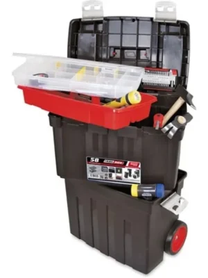 Brandneu | Rollbarer Werkzeugkasten 85,8 l mit herausnehmbarer Ablage und Organizer-Box, Teleskopgriff, Metallverschlüssen und Rädern, großer mobiler Werkzeugkoffer