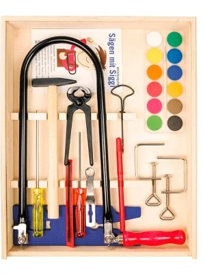 Laubsäge-Set in der Holzbox mit Arbeitsplatte, Stahlwerkzeug, Holzvorlage und Wasserfarben - Bestseller