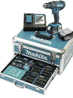 Akku-Schlagbohrschrauber 18V / 3,0 Ah, 2 Akkus + Ladegerät im Alukoffer + 96-teilig. Zubehör-Set DHP482RFX9 - Bestellbar