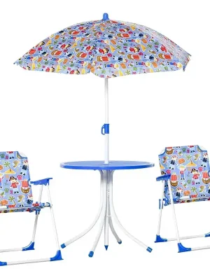 Einfach bestellen - 4tlg. Kindersitzgruppe Gartentisch 2 Klappstühle Sonnenschirm Camping Kindersitzgarnitur Gartenmöbel für 3-5 Jahre Blau