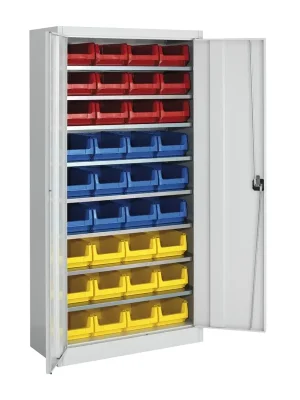 Deal - Flügeltürenschrank MKST 3/19 C, lichtgrau mit 3 x 12 farbige Magazinkästen Gr. 3